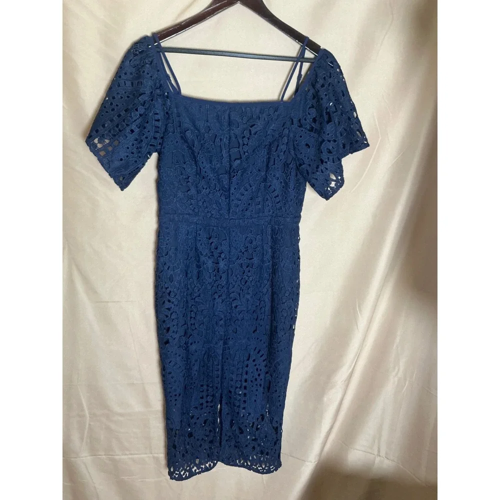 Lace Midi Dress Women 6  Navy Blue Excellent Cold Shoulder Puff Sleeve Square - Picture 6 of 13